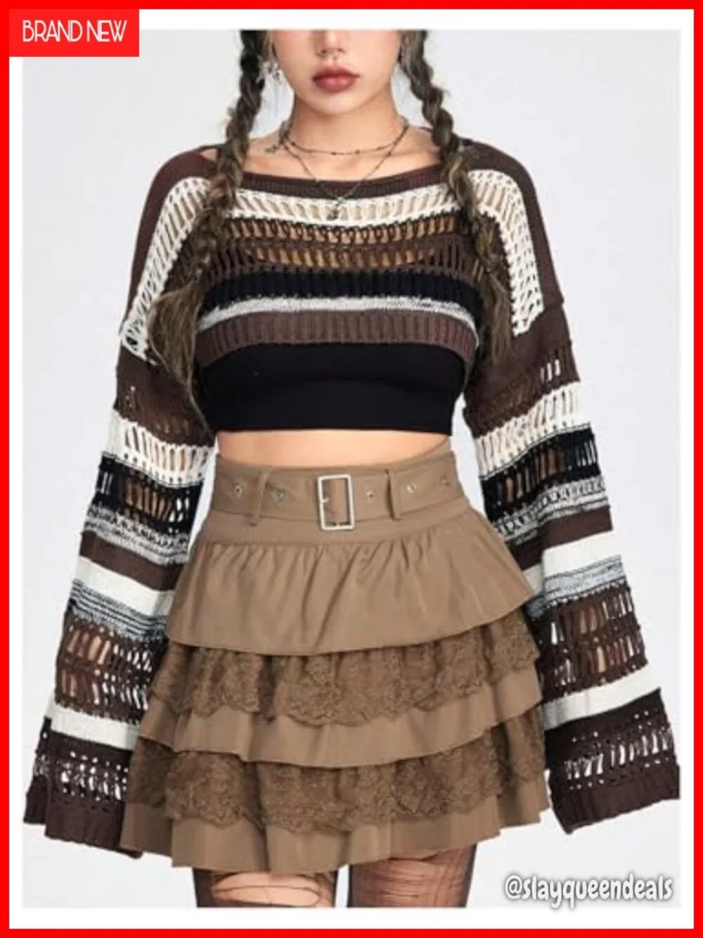 Striped Crochet Shrug Boat Neck Crop Sweater Colorblock Drop Shoulder Bell
